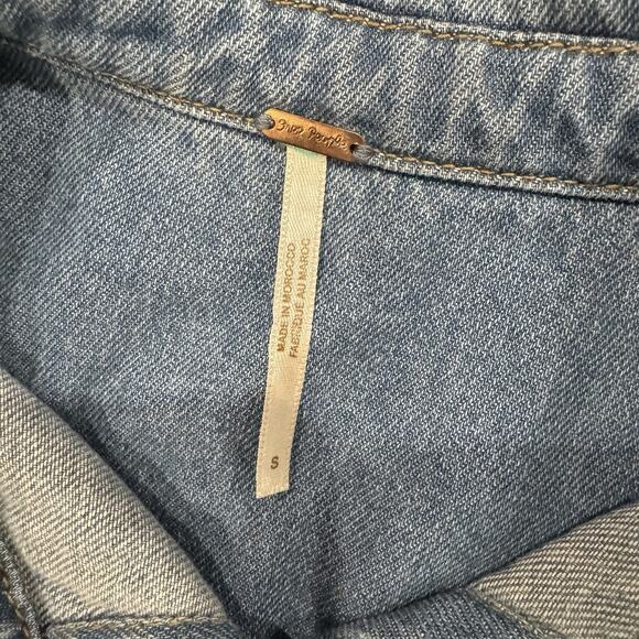 Free People Nicole Shirt Dress Small Blue Denim Tiered Mini Boho Long Sleeve - Picture 8 of 9